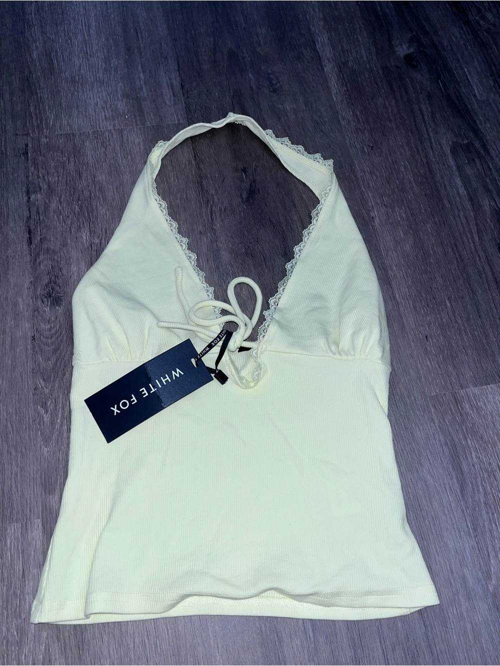White Fox Boutique Cream Lace Halter Ribbed Tank